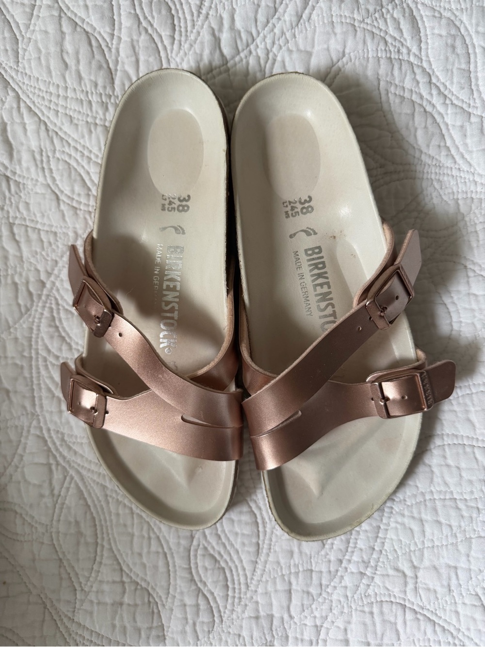 Birkenstock Metallic Rose Gold Double Strap Sandals
